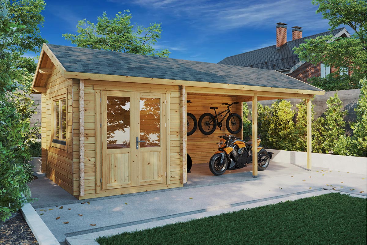 Wooden carport with side shed stowing bikes and motorcycle