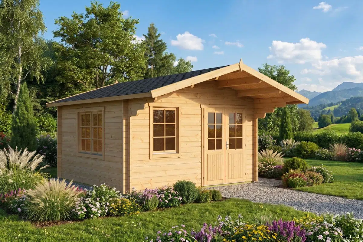 Garden log cabin with canopy