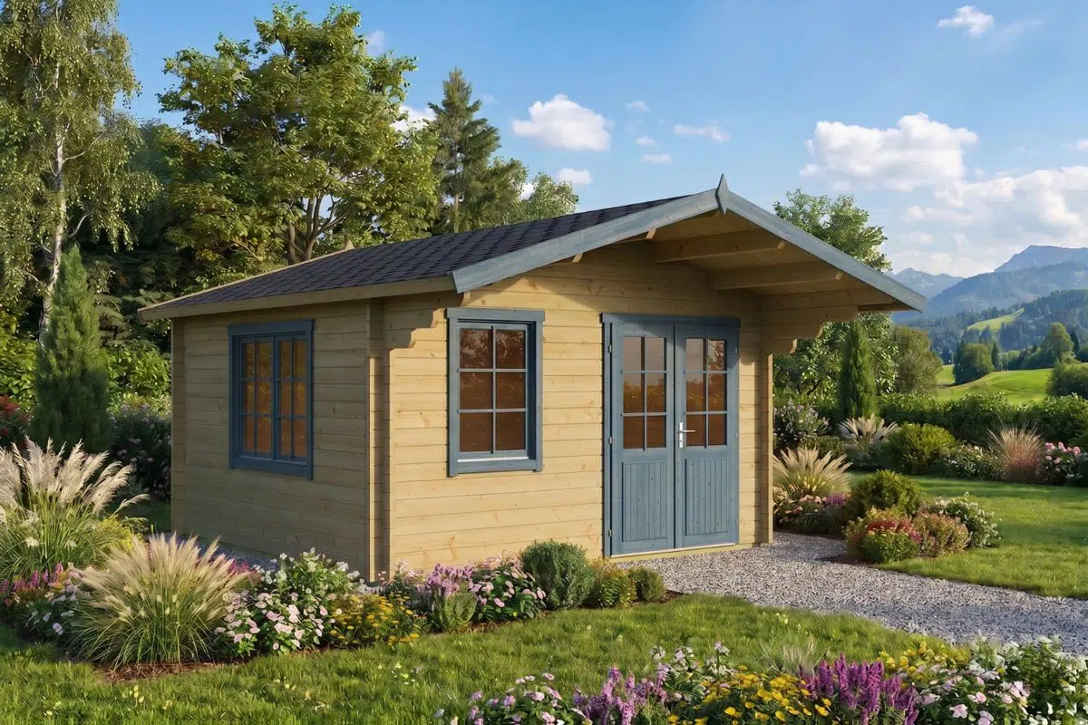 Garden log cabin with canopy - painted