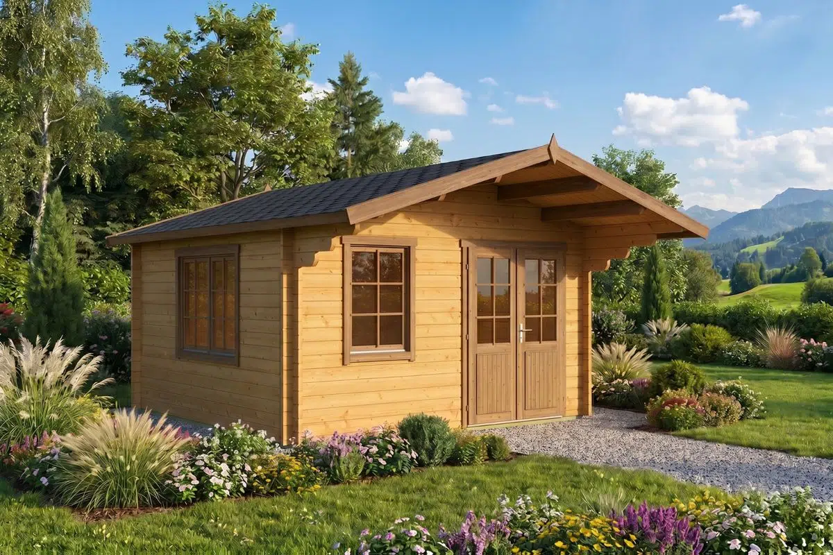Garden log cabin with canopy - painted