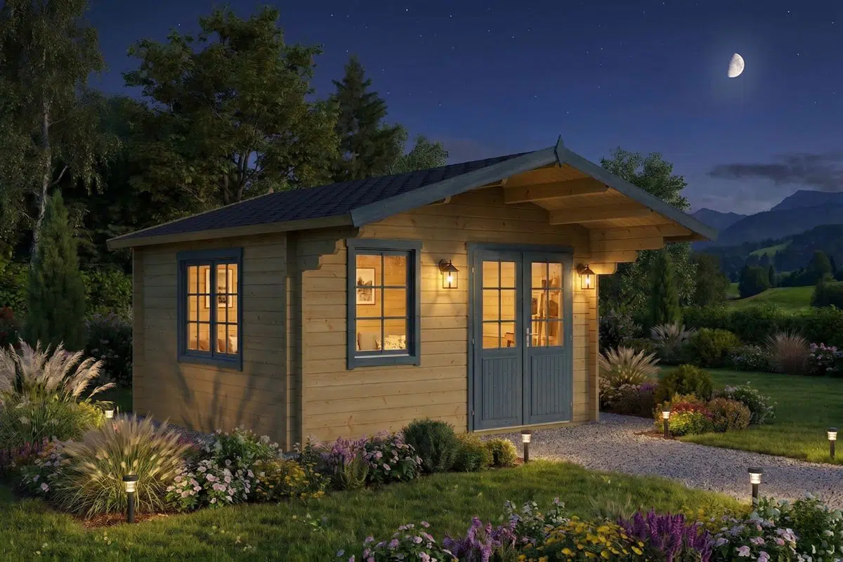 Garden log cabin with canopy - night time