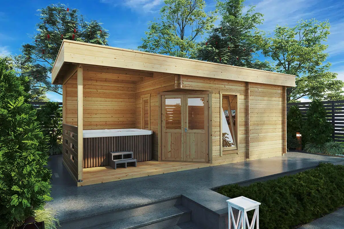 Outdoor garden sauna cabin with hot tub