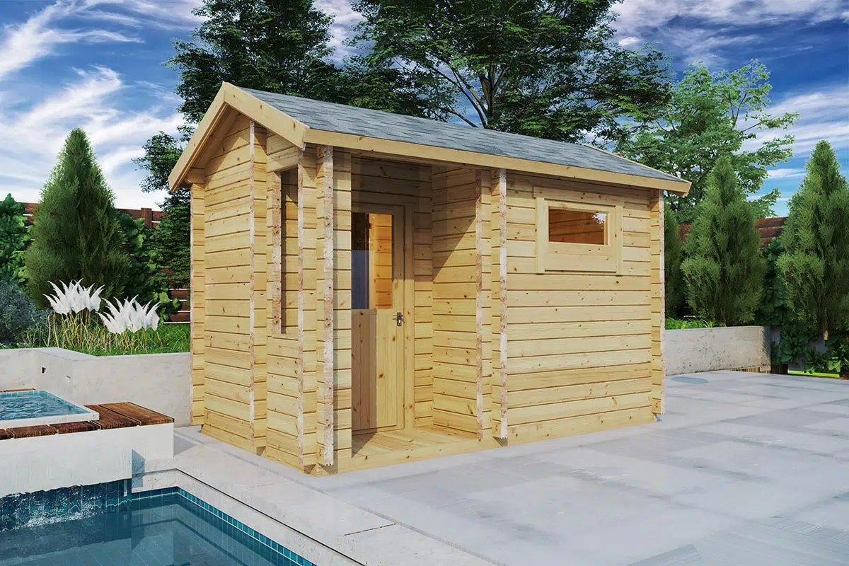 Outdoor small wooden sauna cabin next to pool