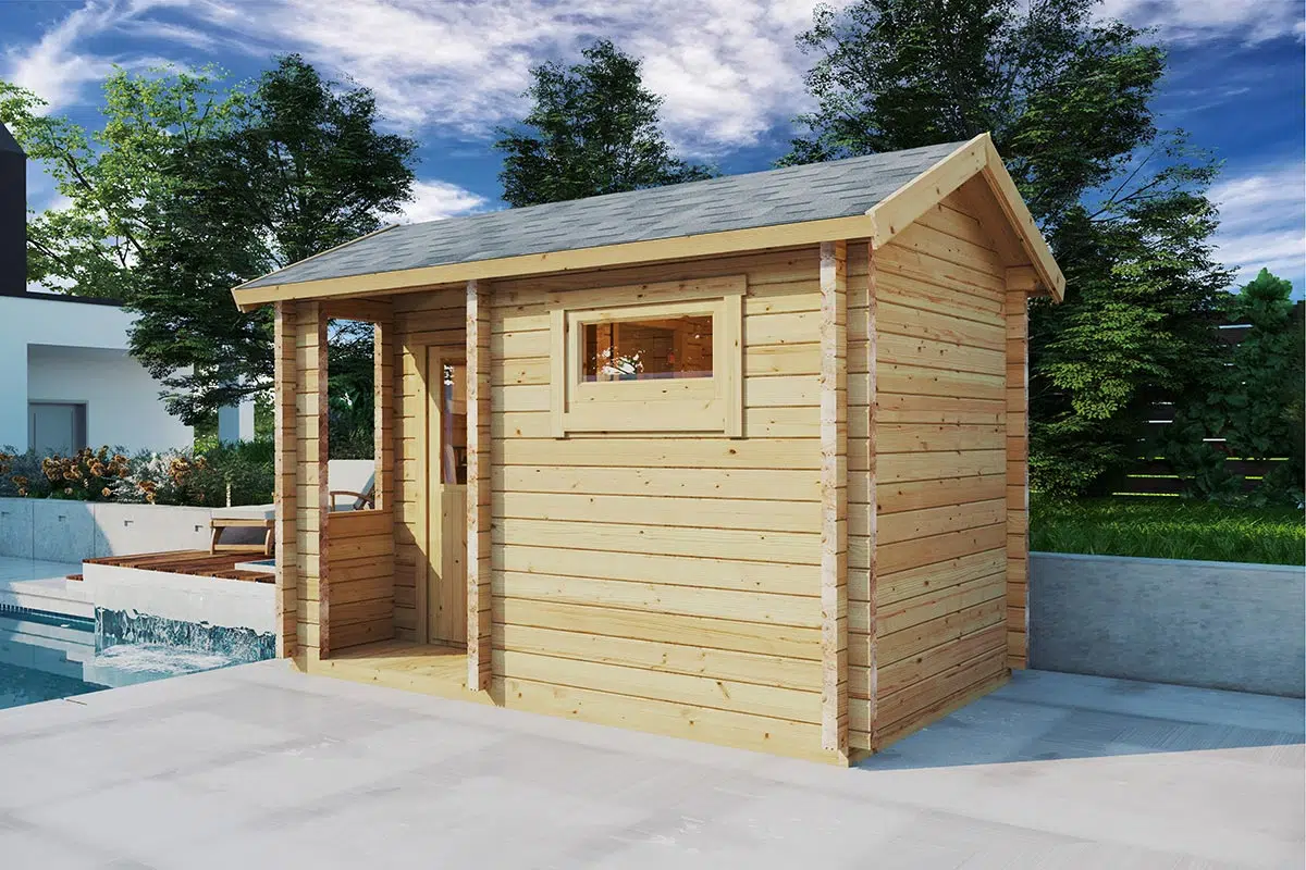 Outdoor small wooden sauna cabin next to pool