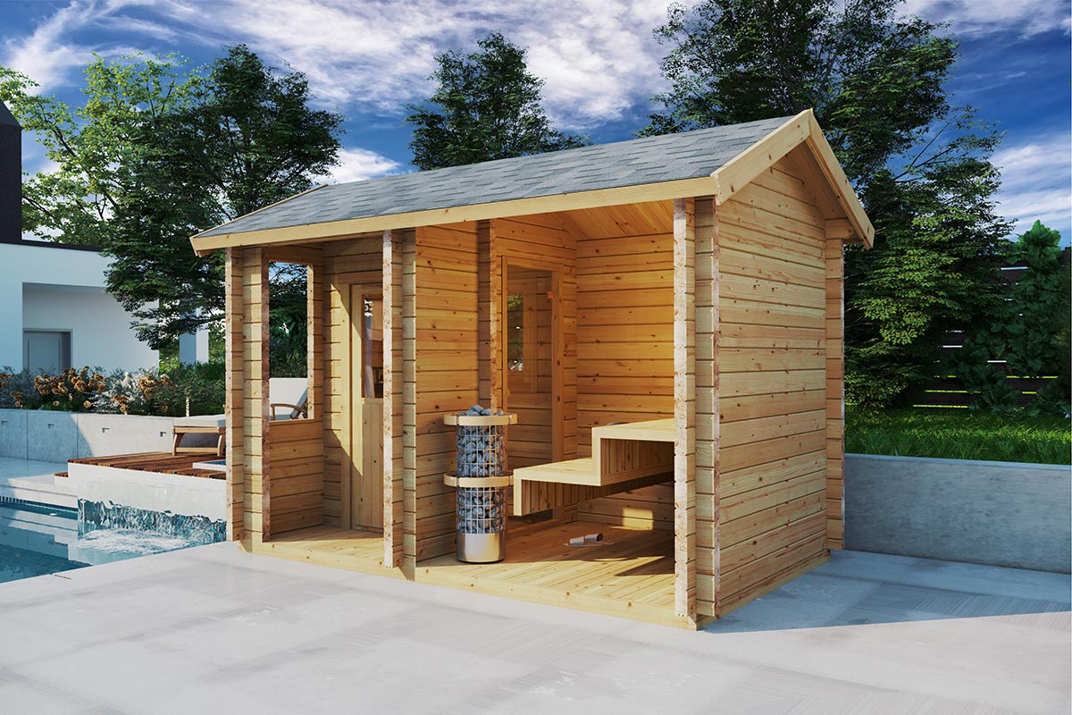 Outdoor small wooden sauna cabin - cross section