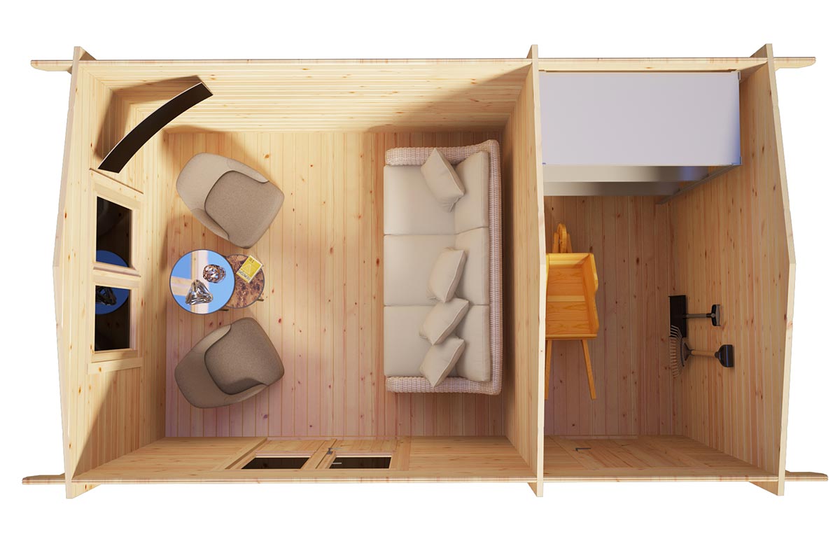 Wooden summer house with side - top view