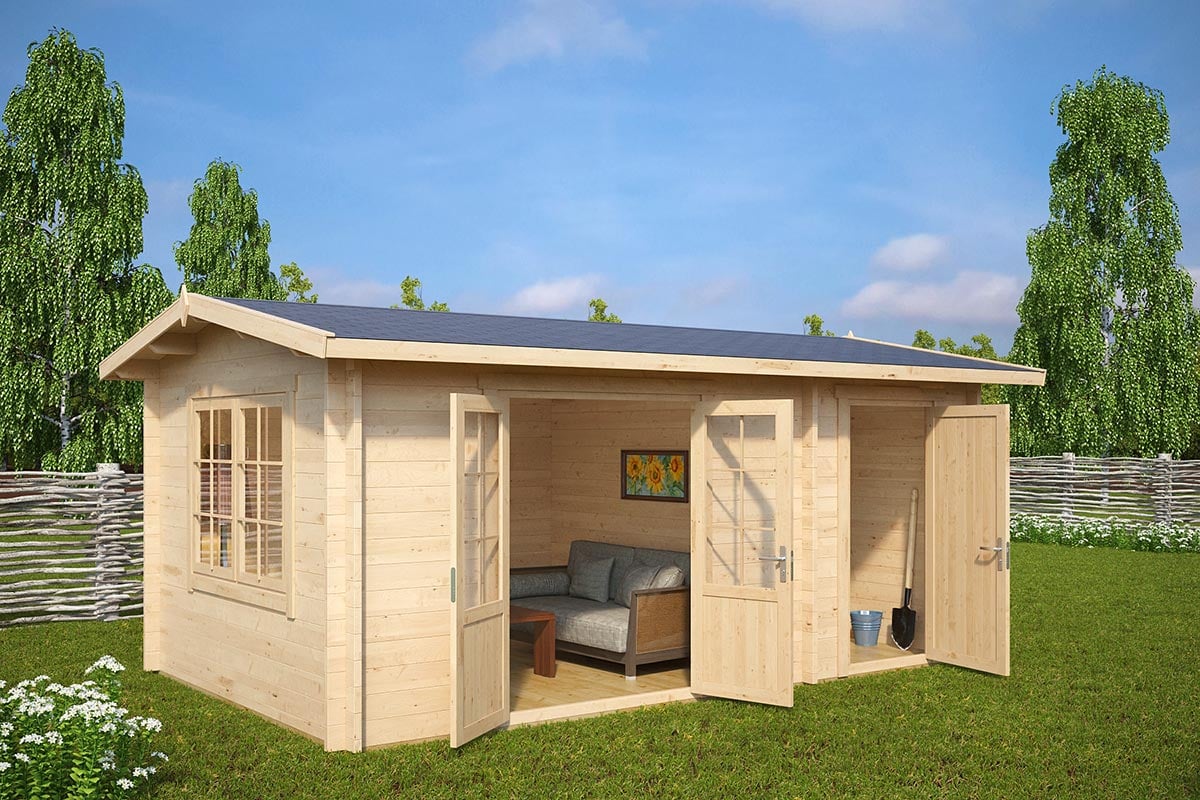 Wooden summer house with side - doors open
