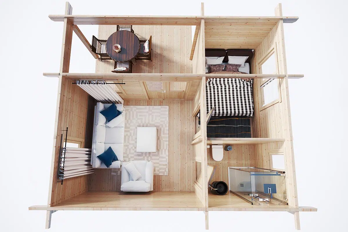 Wooden three bedroom granny annexe or guest house - top view