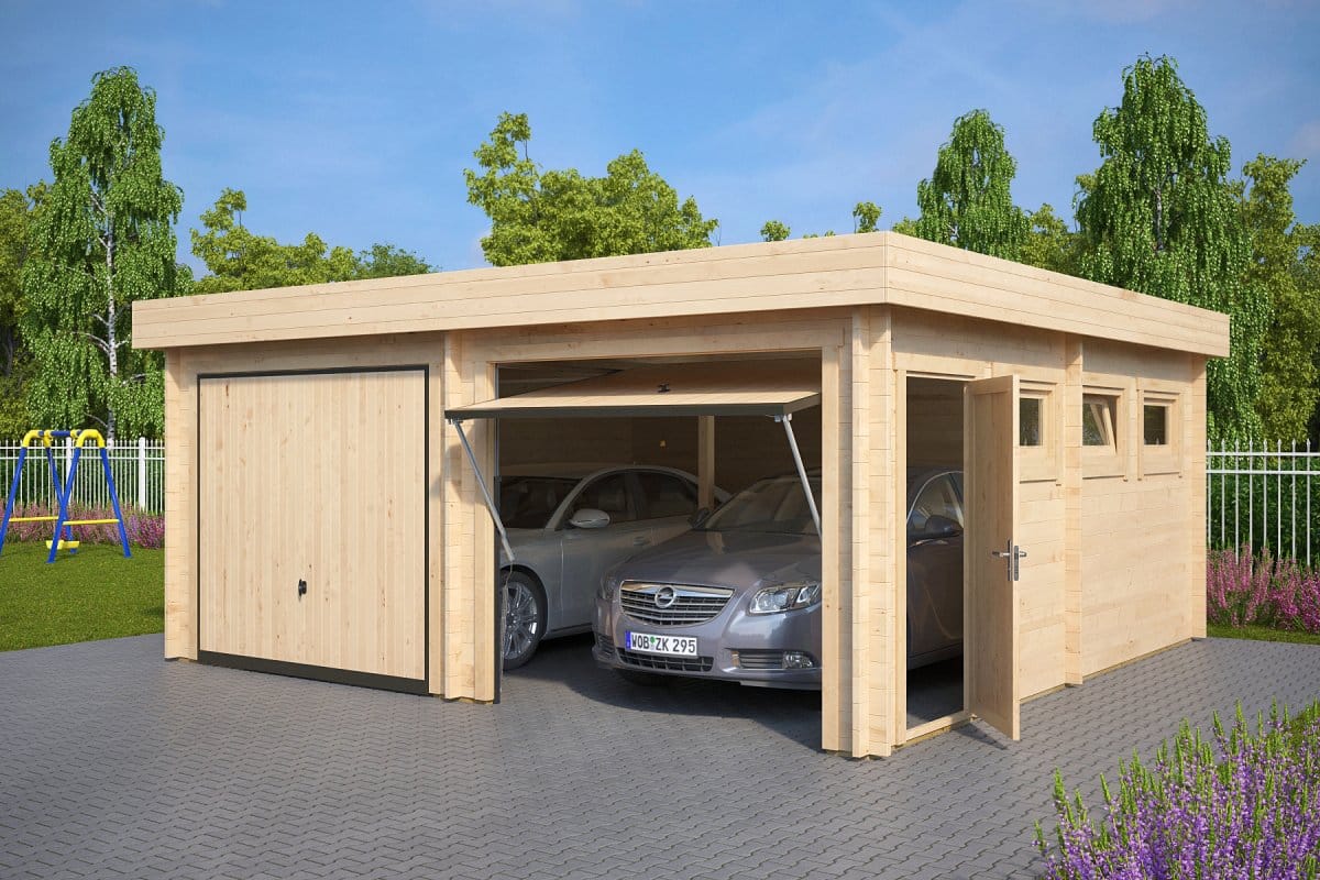 Modern Double Wooden Garage F with Up and Over Doors / 44mm / 6 x 6 m