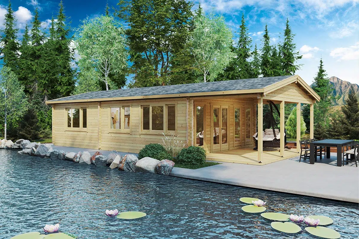 Large wooden log cabin on the lakeside