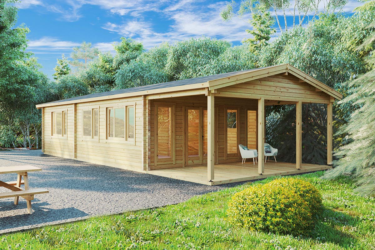 Large wooden log cabin on the lakeside