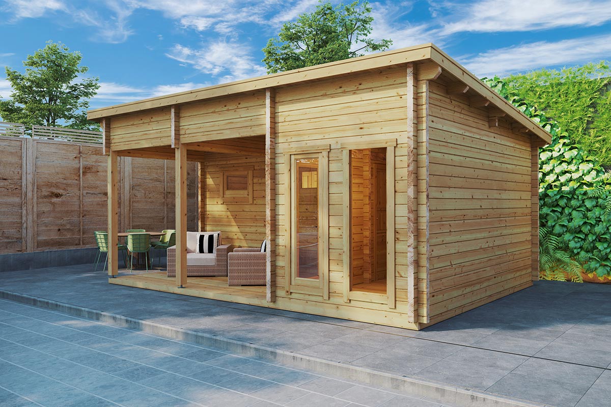 Wooden outdoor sauna cabin with terrace