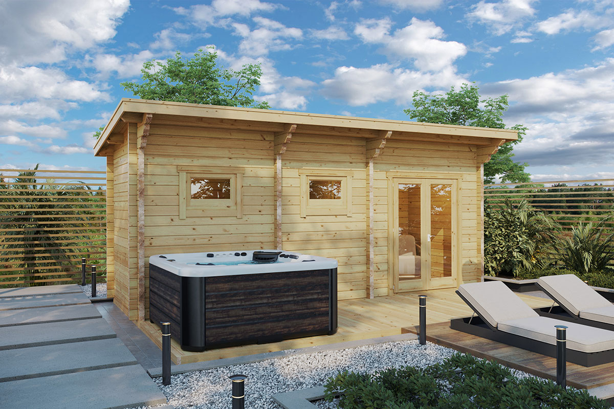 Finnish outdoor sauna cabin with leisure area and hot tub