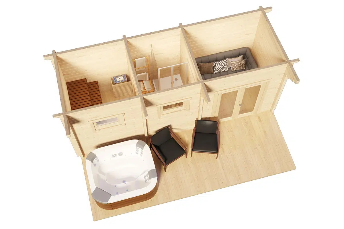 Finnish outdoor sauna cabin with leisure area and hot tub - top view