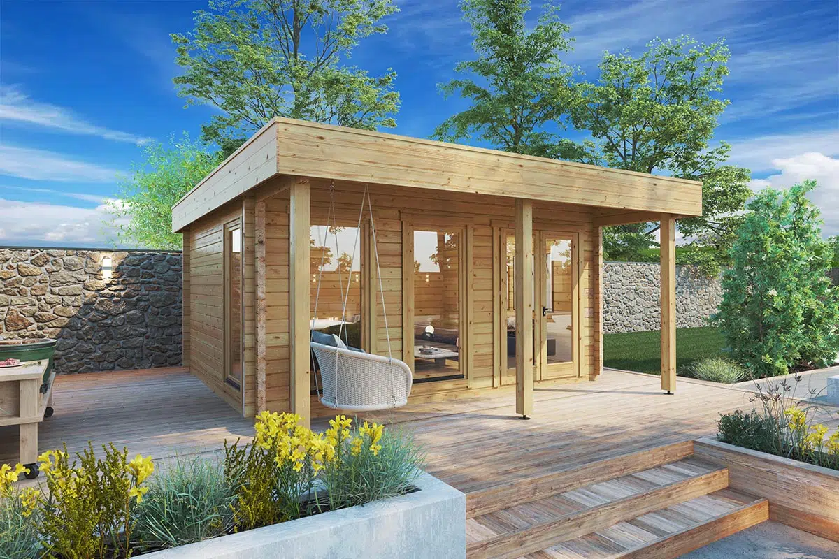 Wooden modern summer house with canopy