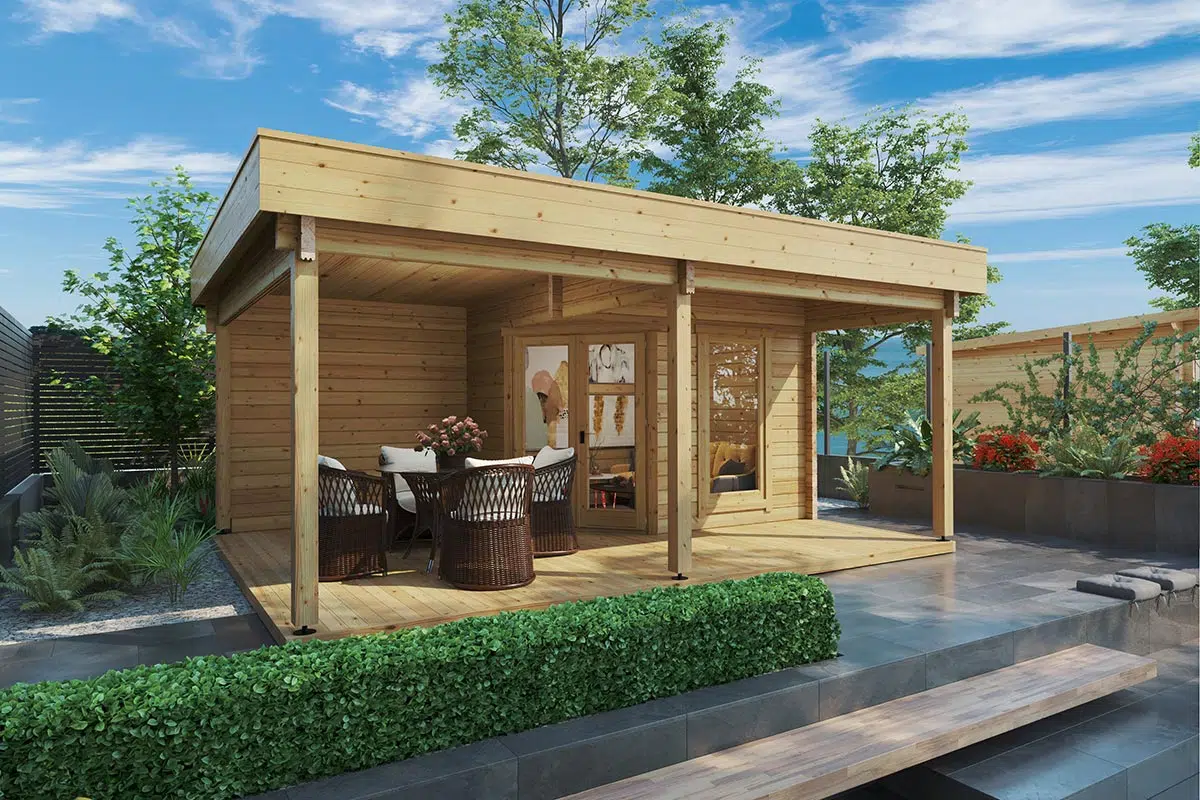 Small wooden garden room with large terrace