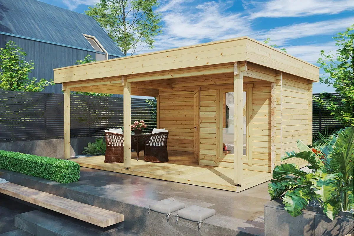 Small wooden garden room with large terrace