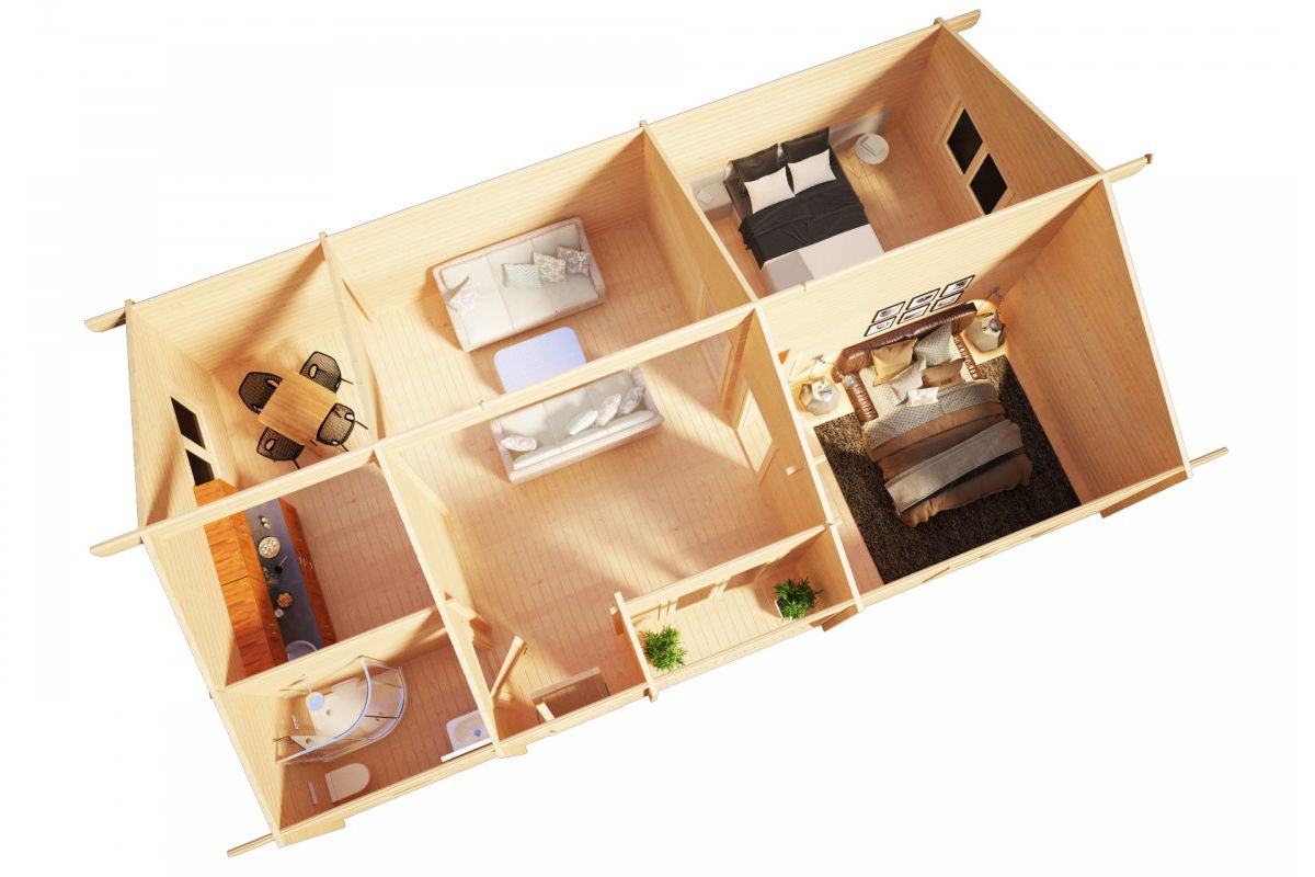 Large 2 bedroom log cabin or granny annexe - cross-section