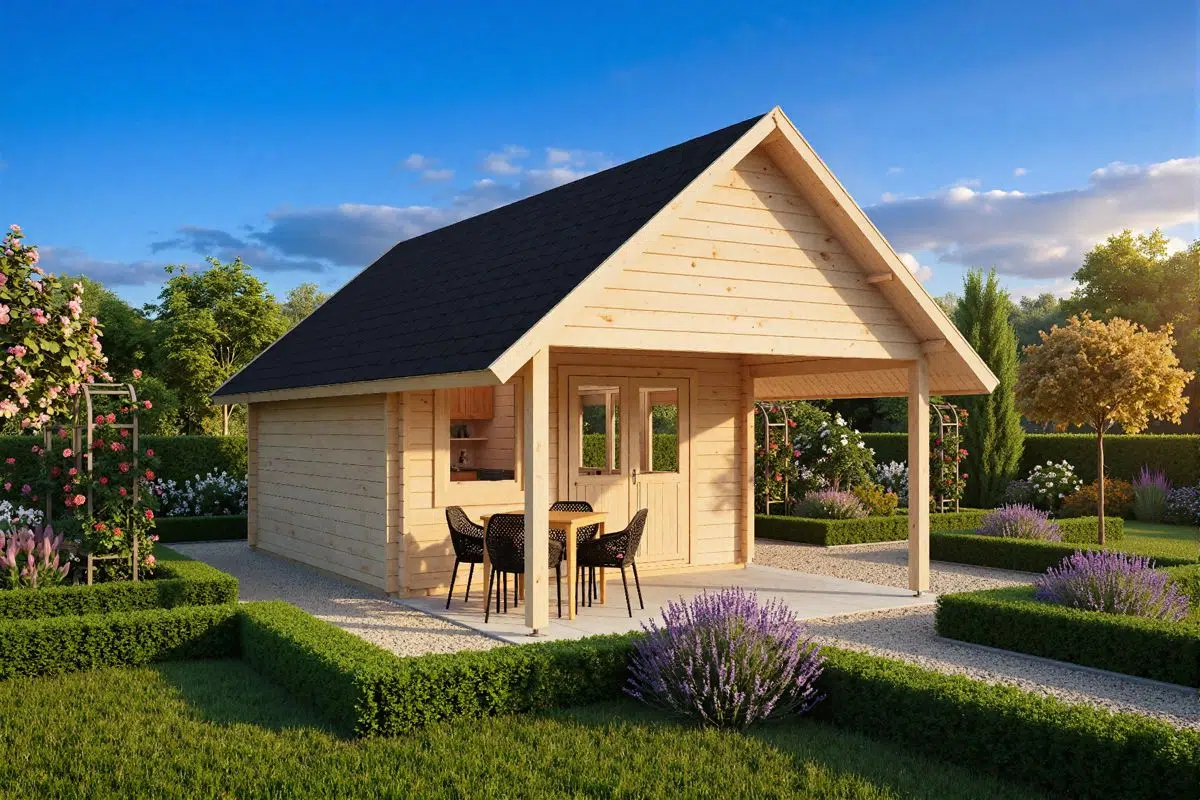 Wooden garden house with apex roof and canopy