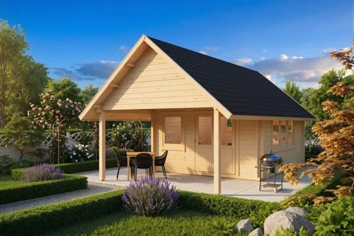Wooden garden house with apex roof and canopy