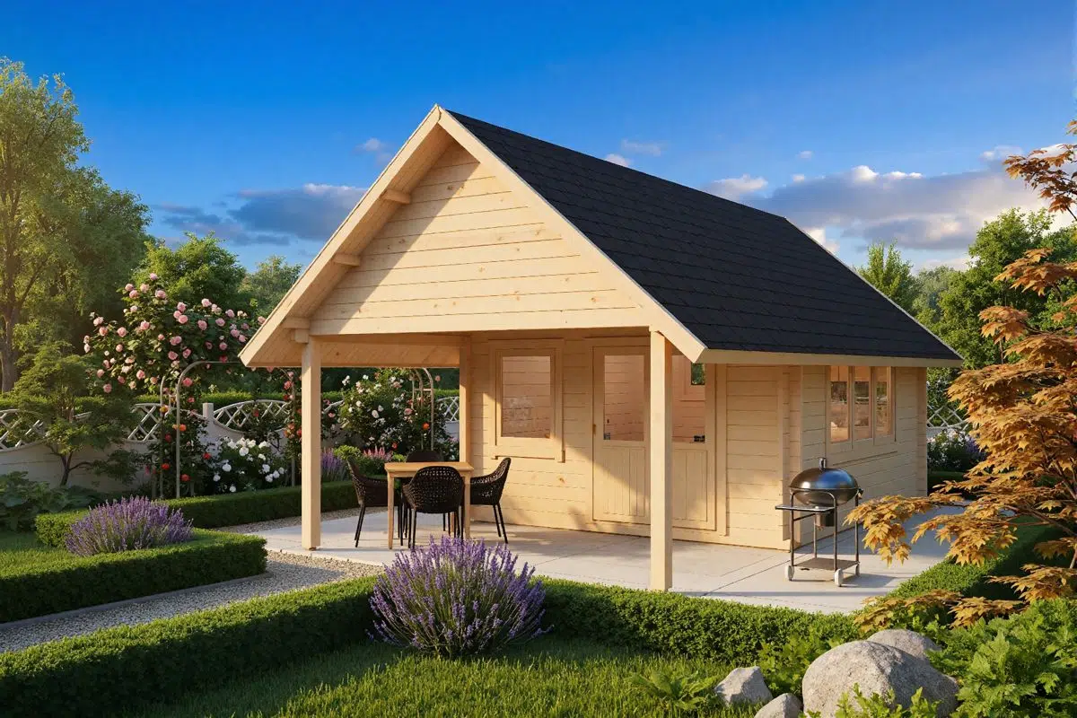 Wooden garden house with apex roof and canopy