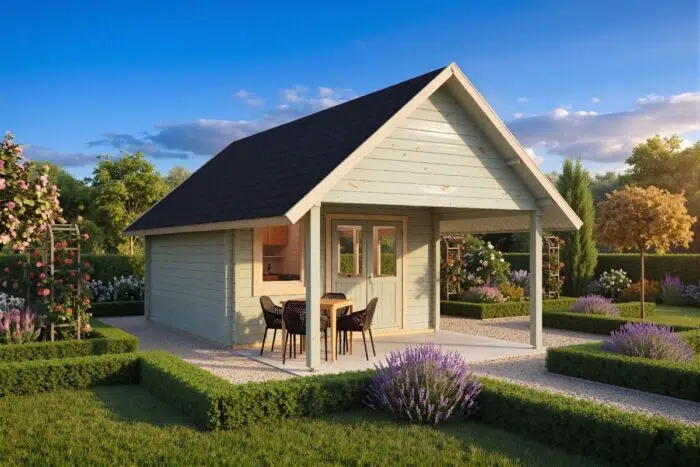Wooden garden house with apex roof and canopy