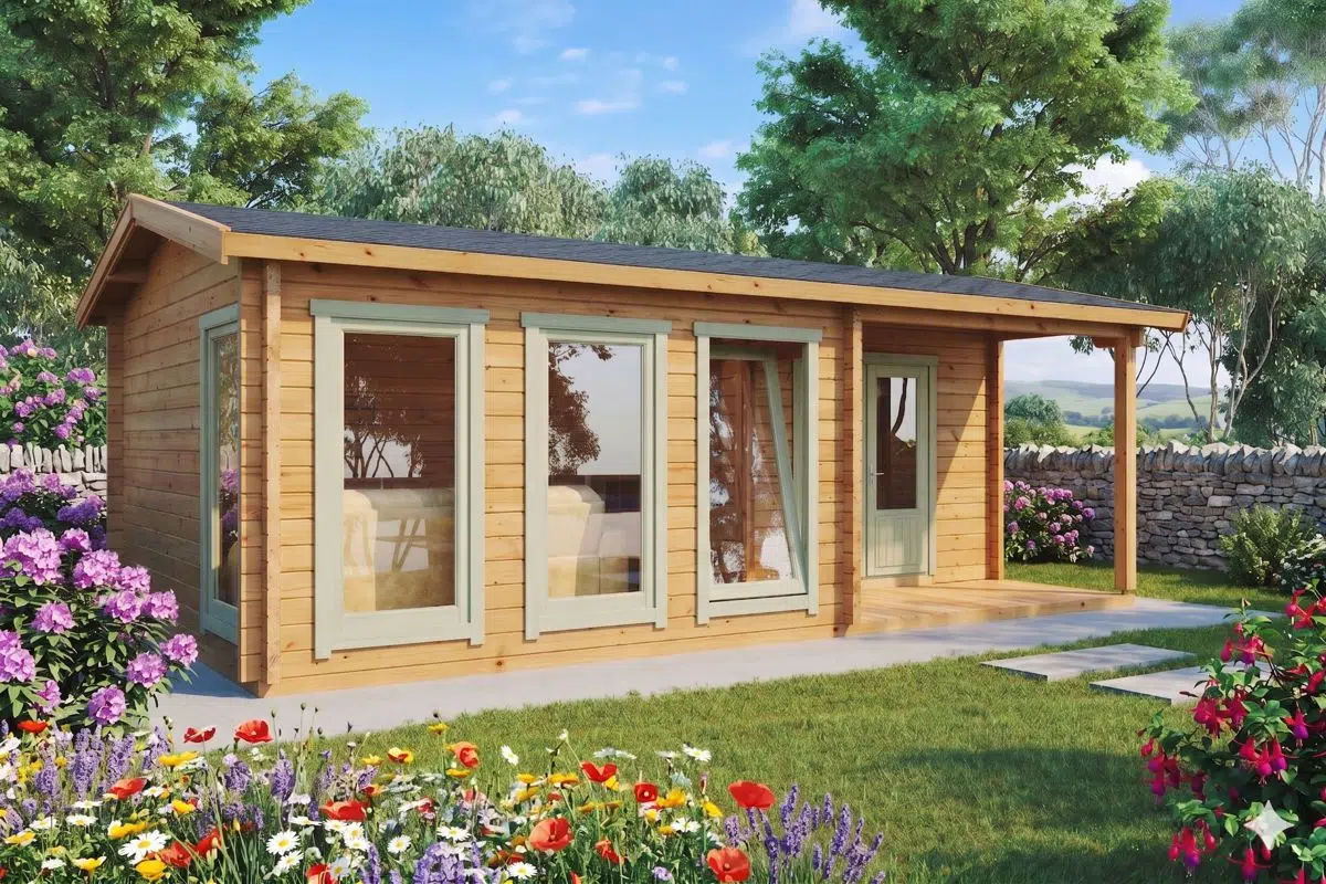 Garden log cabin with terrace 7x4m - painted