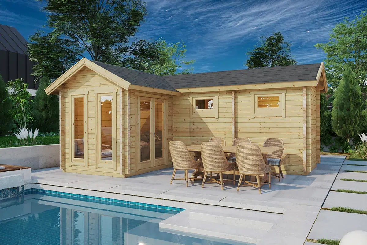 Large wooden outdoor sauna cabin next to pool