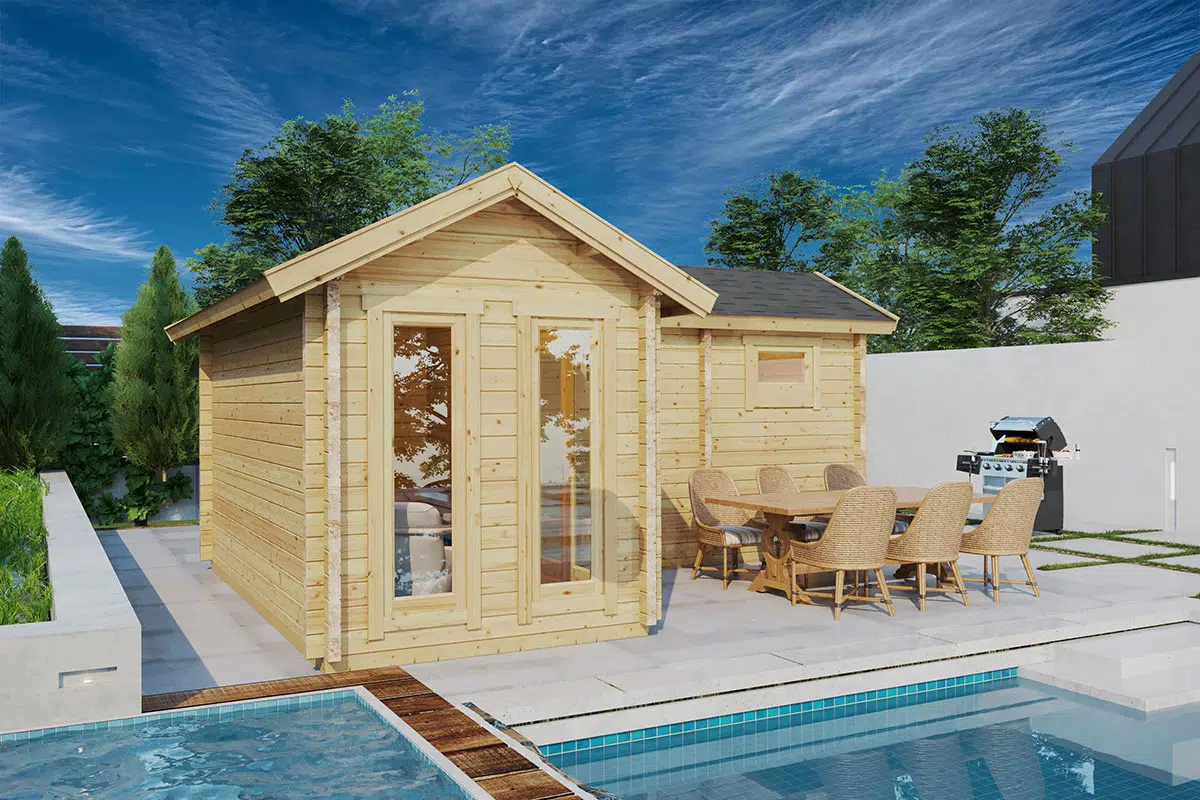 Large wooden outdoor sauna cabin next to pool
