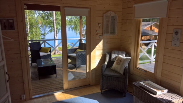 living room inside a guest house log cabin