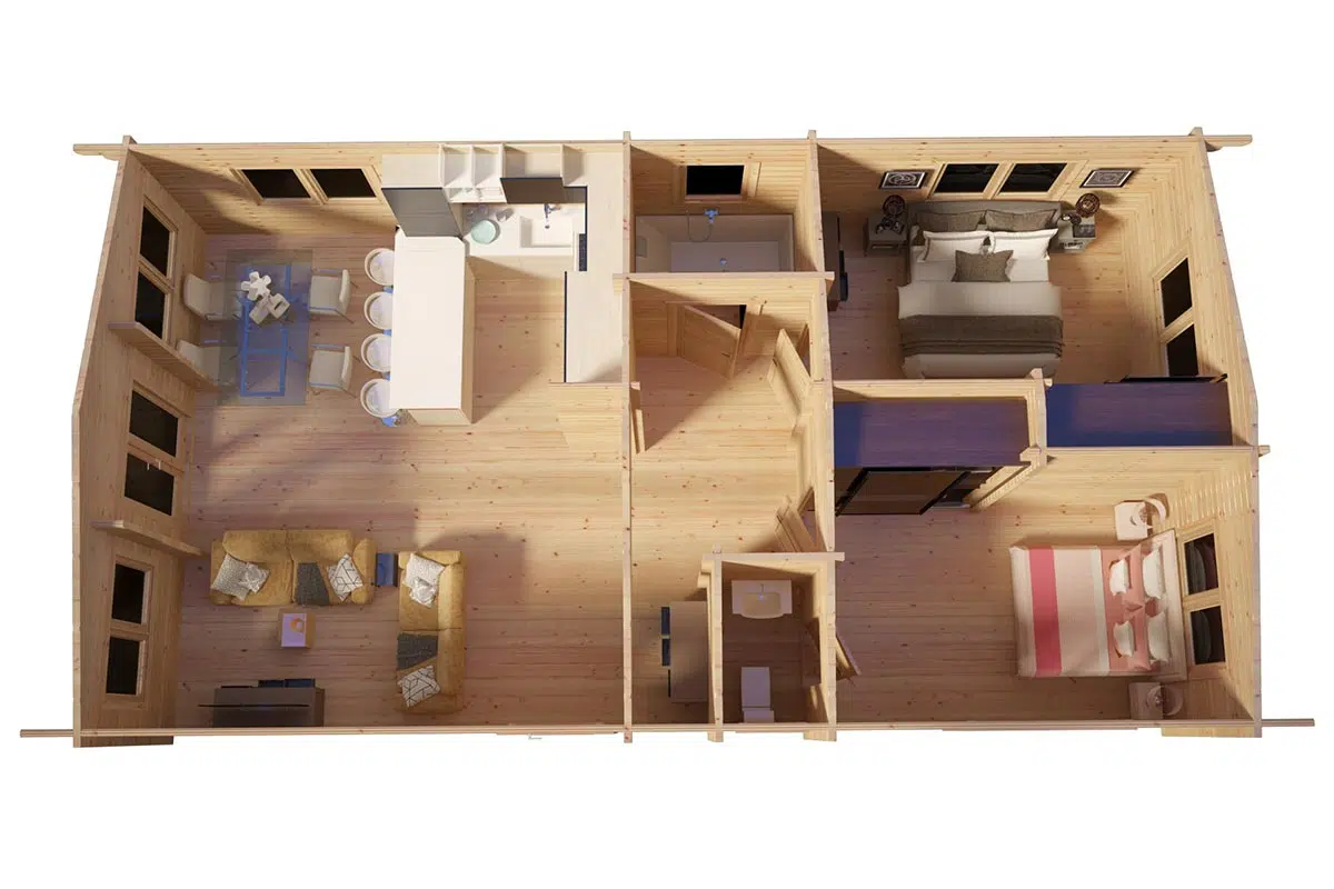 Large two bedroom wooden cabin - top view