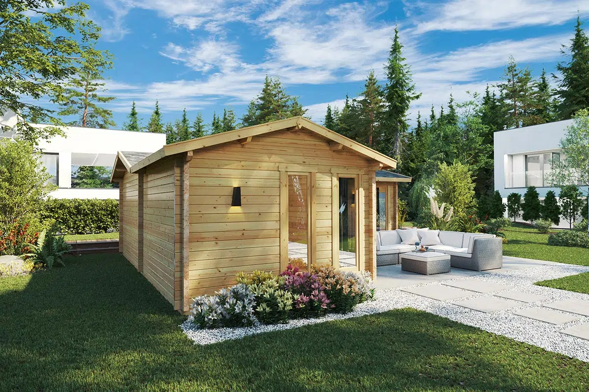 One bedroom large corner garden log cabin