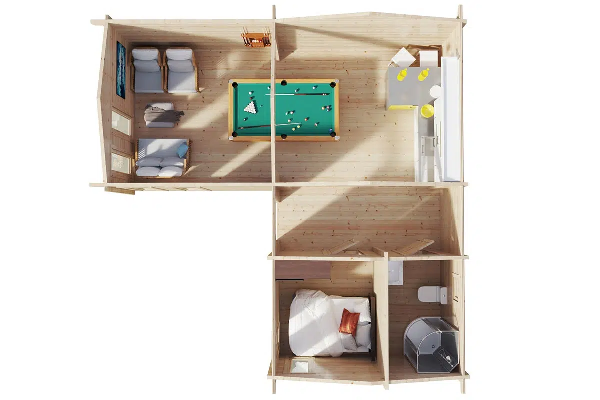 One bedroom corner garden log cabin - cross section