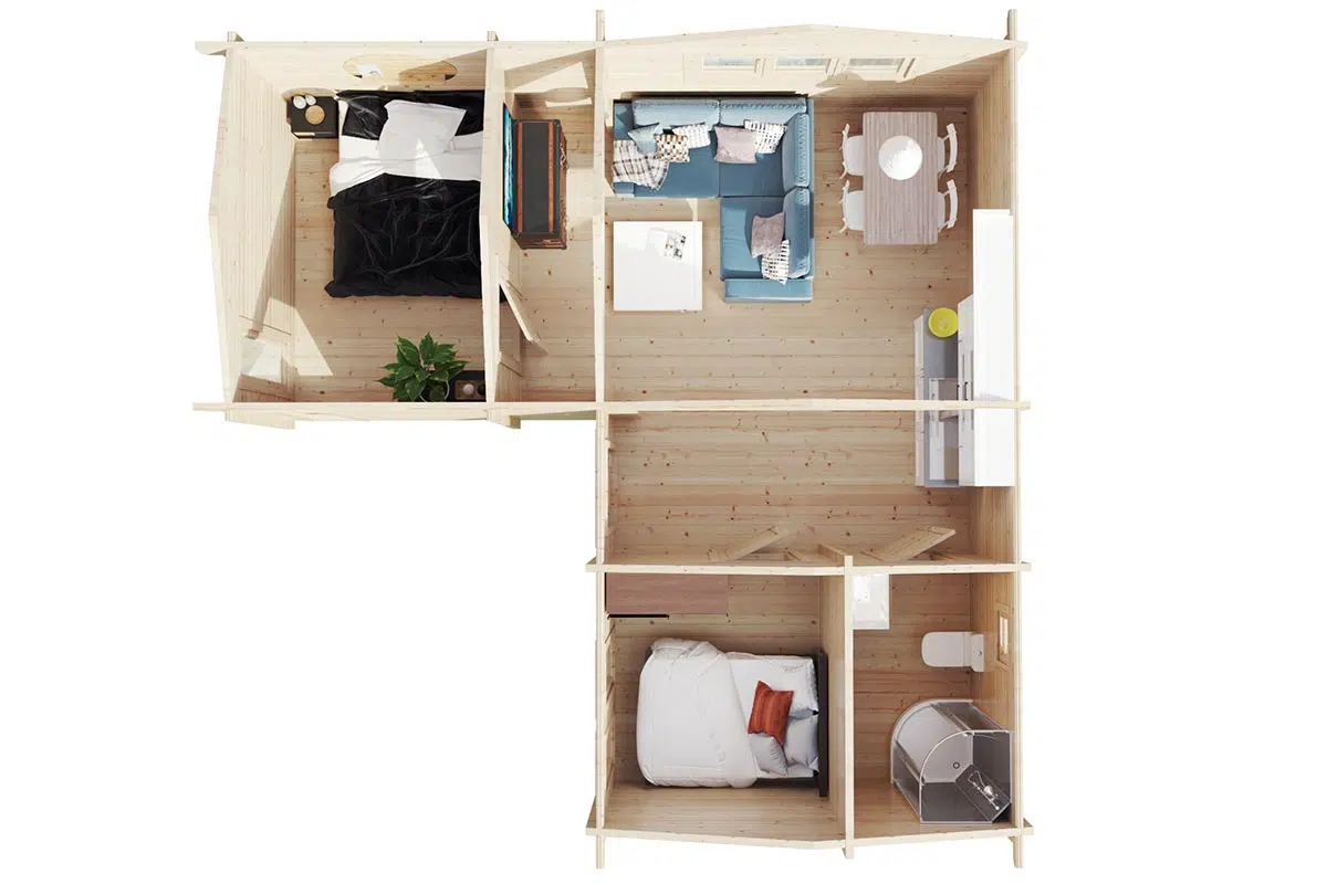Two bedroom corner log cabin. Top view