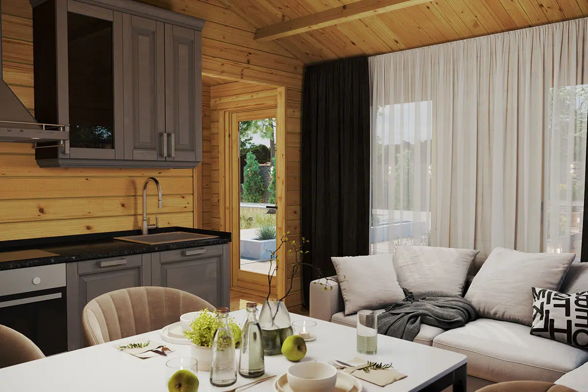 One bedroom log cabin or granny annexe. Kitchen and living room