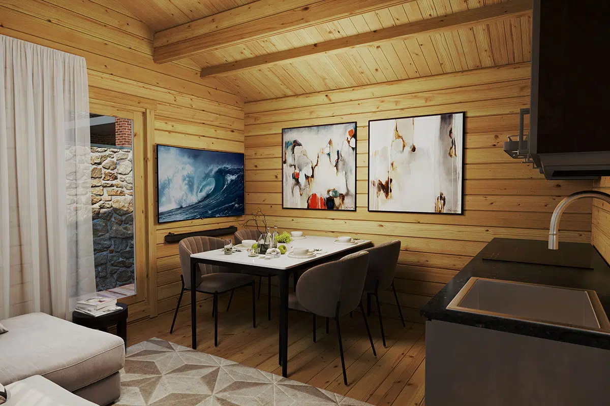 One bedroom log cabin or granny annexe. Kitchen and living room