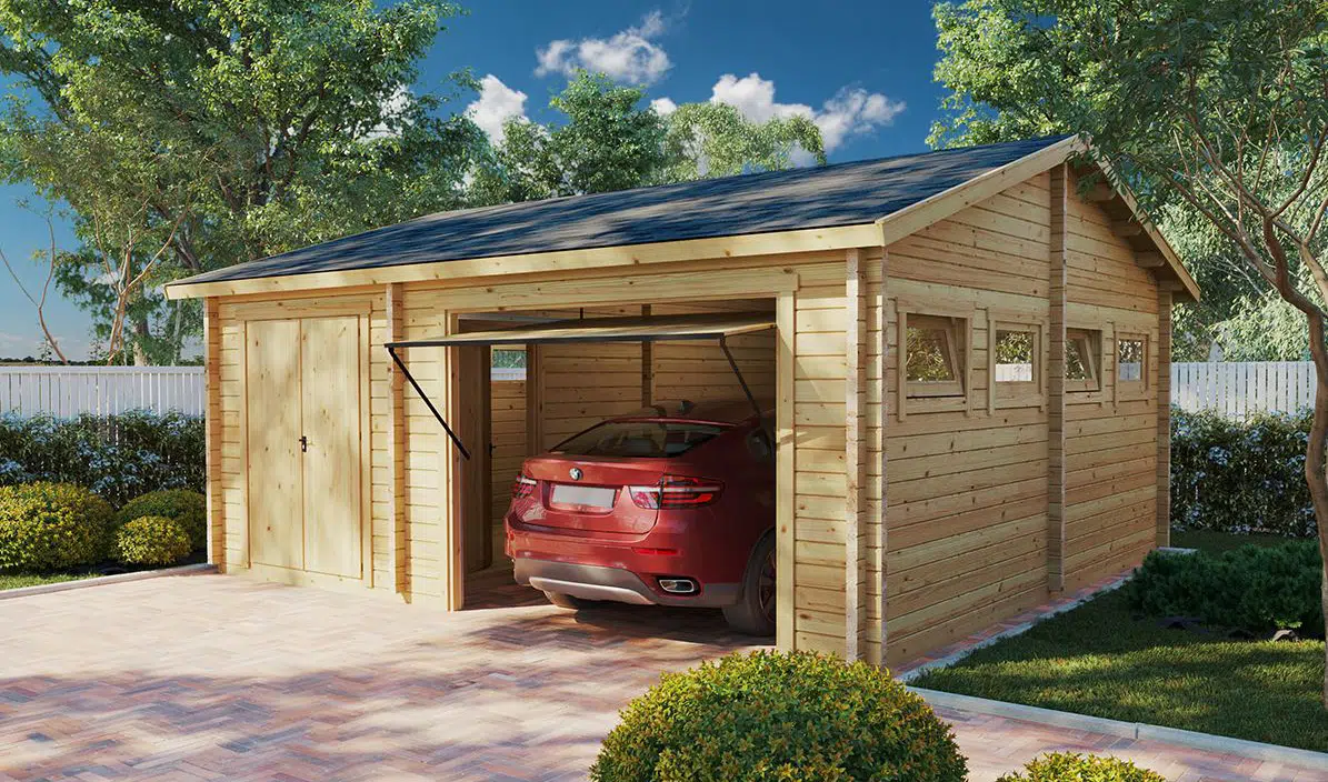 Wooden Garage with a red car parked in it