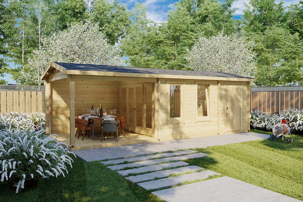 Illustrative image of a summer house with side shed