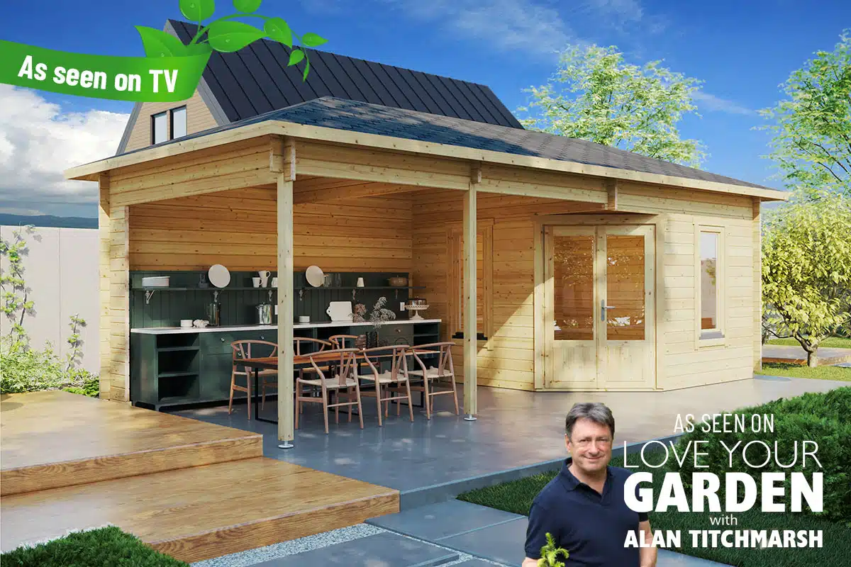 Garden Room Sophia with Veranda 10m² / 44mm / 3,5 x 8 m / G0105 – Featured on Love Your Garden with Alan Titchmarsh