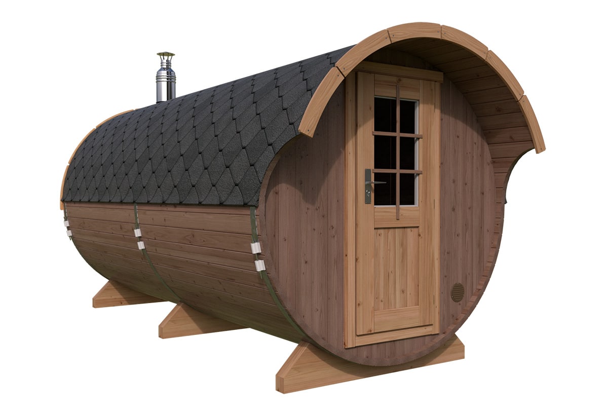 Barrel sauna with canopy / overhang | Cross-section | Thermo Spruce | G0372