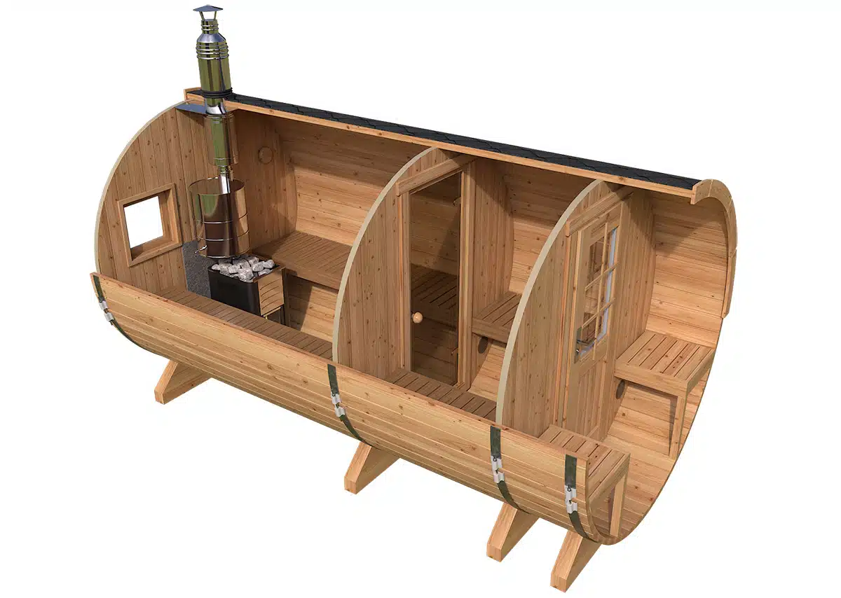 Large barrel sauna with terrace
