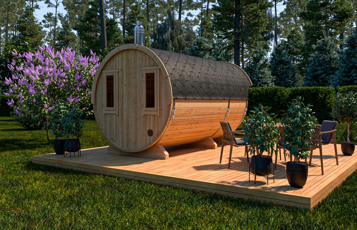Barrel sauna with canopy