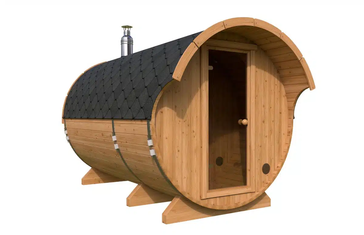 Barrel sauna with canopy