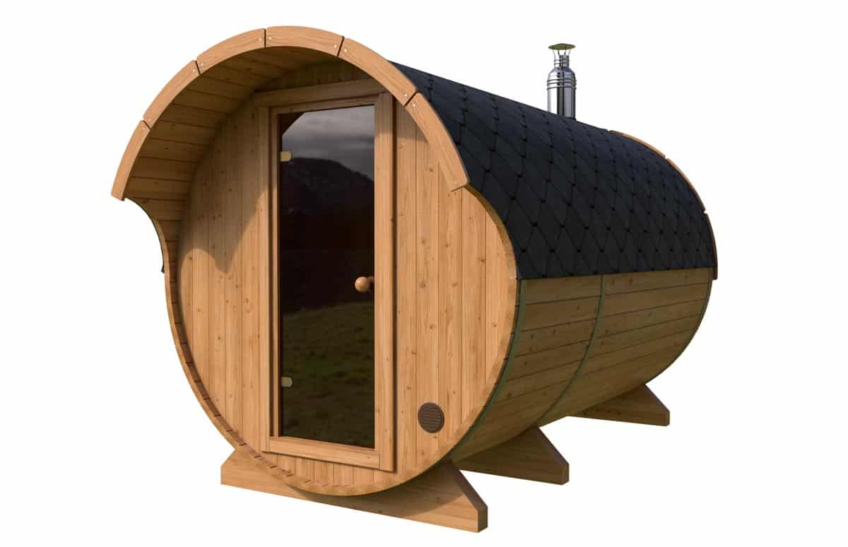 Barrel sauna with canopy