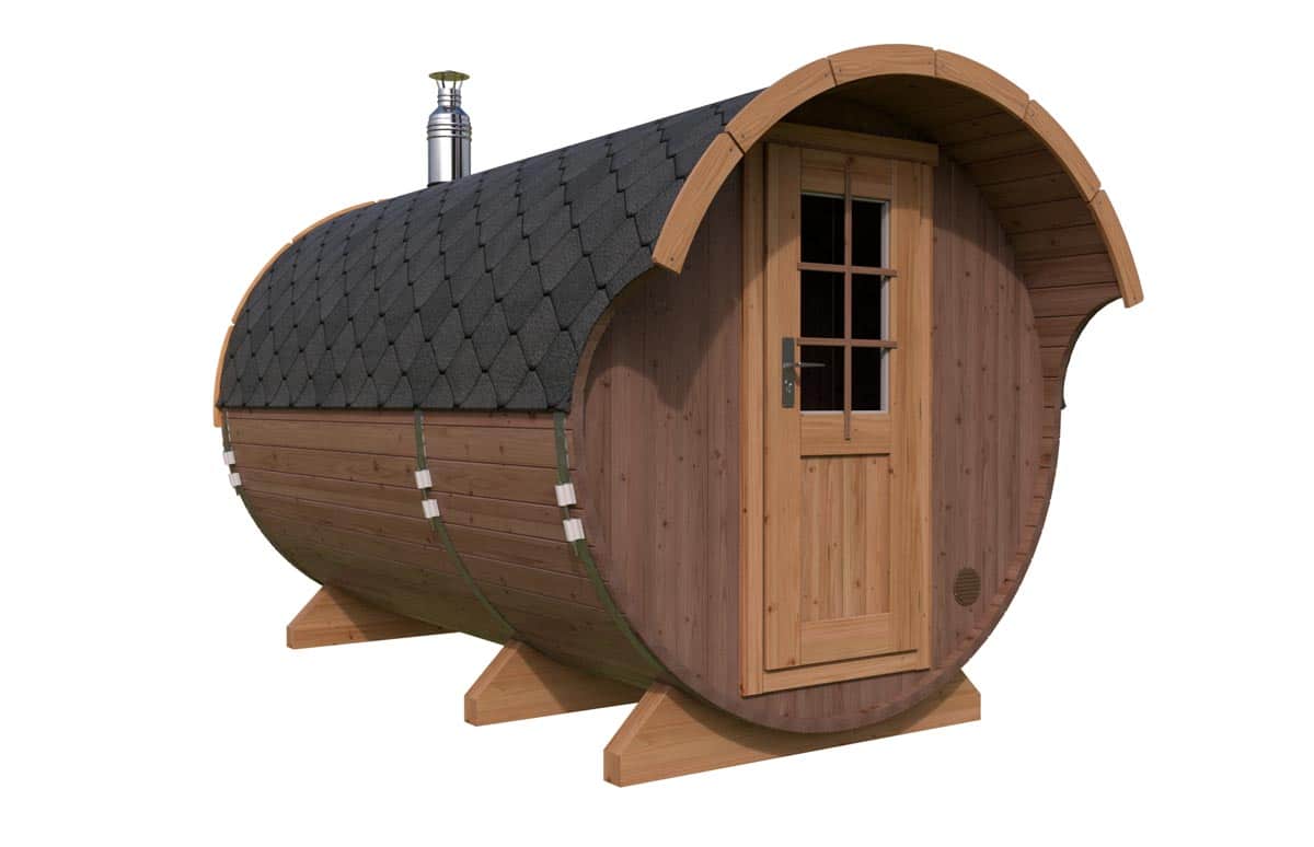 Barrel sauna with canopy