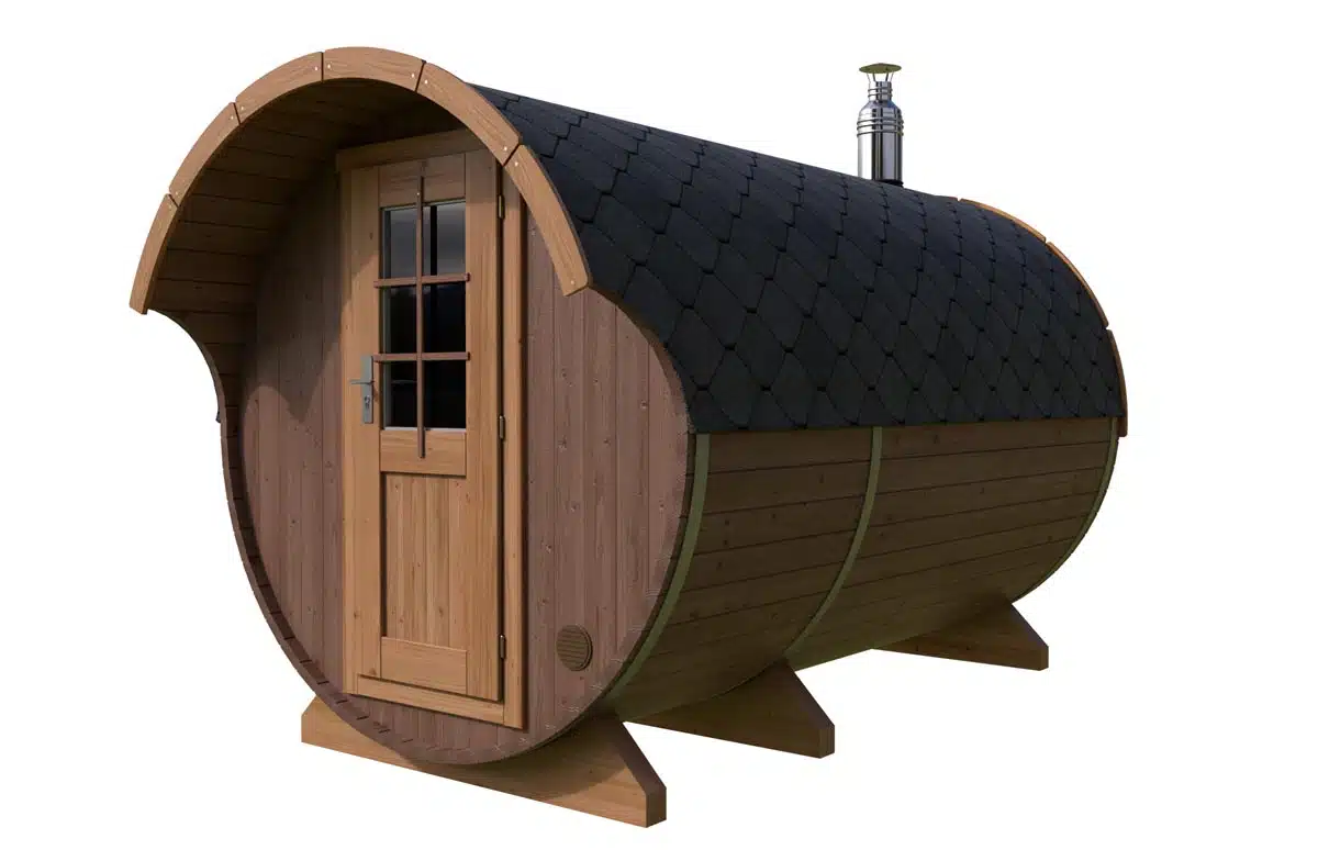 Barrel sauna with canopy