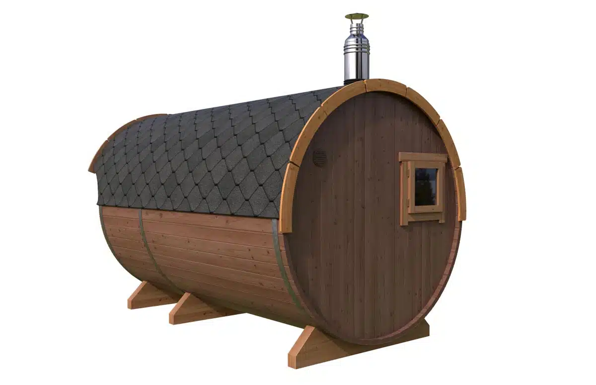Barrel sauna with canopy