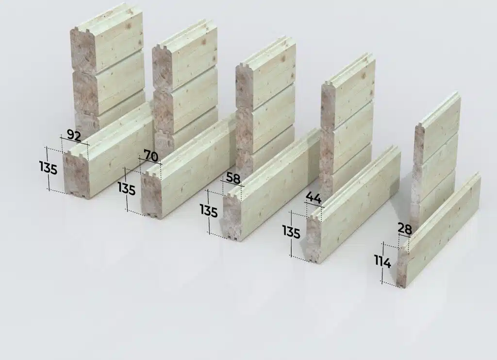 Wall log thickness comparison showing 28mm, 44mm, 58mm, 70mm and 92mm logs