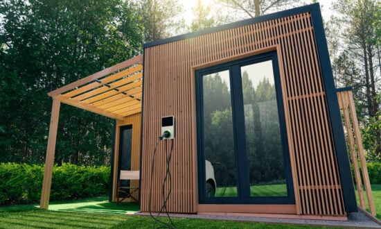 smart wooden garden office with charging dock