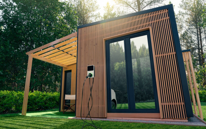 smart wooden garden office with charging dock